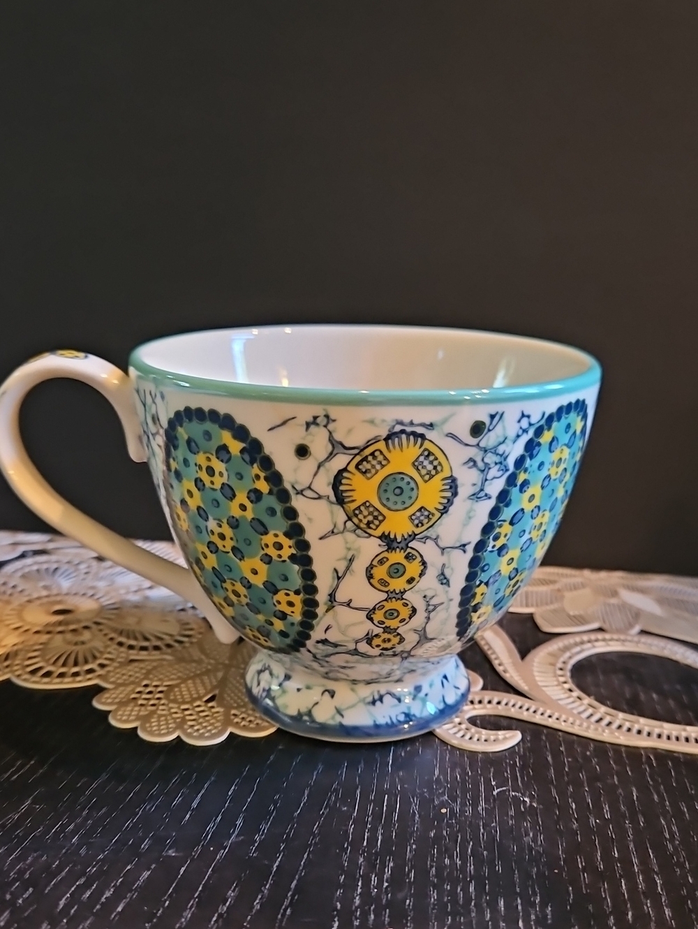 Decorative Ceramic Teacup in White, Turquoise & Yellow